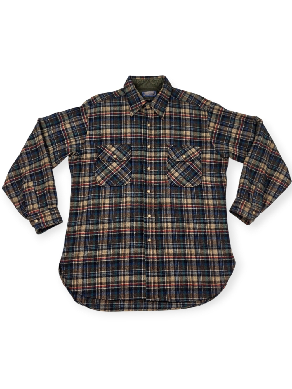 Vintage Pendleton Plaid Flannel Board Shirt Men's Large Brown Blue USA 60s 70s